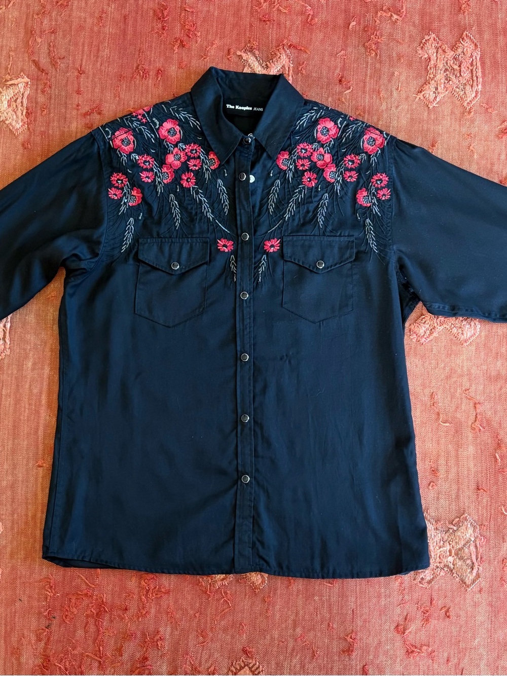 The Kooples embroidered black pearl snap shirt size M - Picture 2 of 8